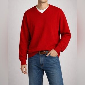 Land’s End V-Neck Knit Sweater Men’s Large Red Classic Cotton  Pullover